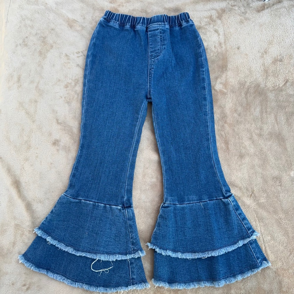 Rare Editions Bell Bottom Jeans Girls Size 5 Blue Denim Double Tier Flare Excell